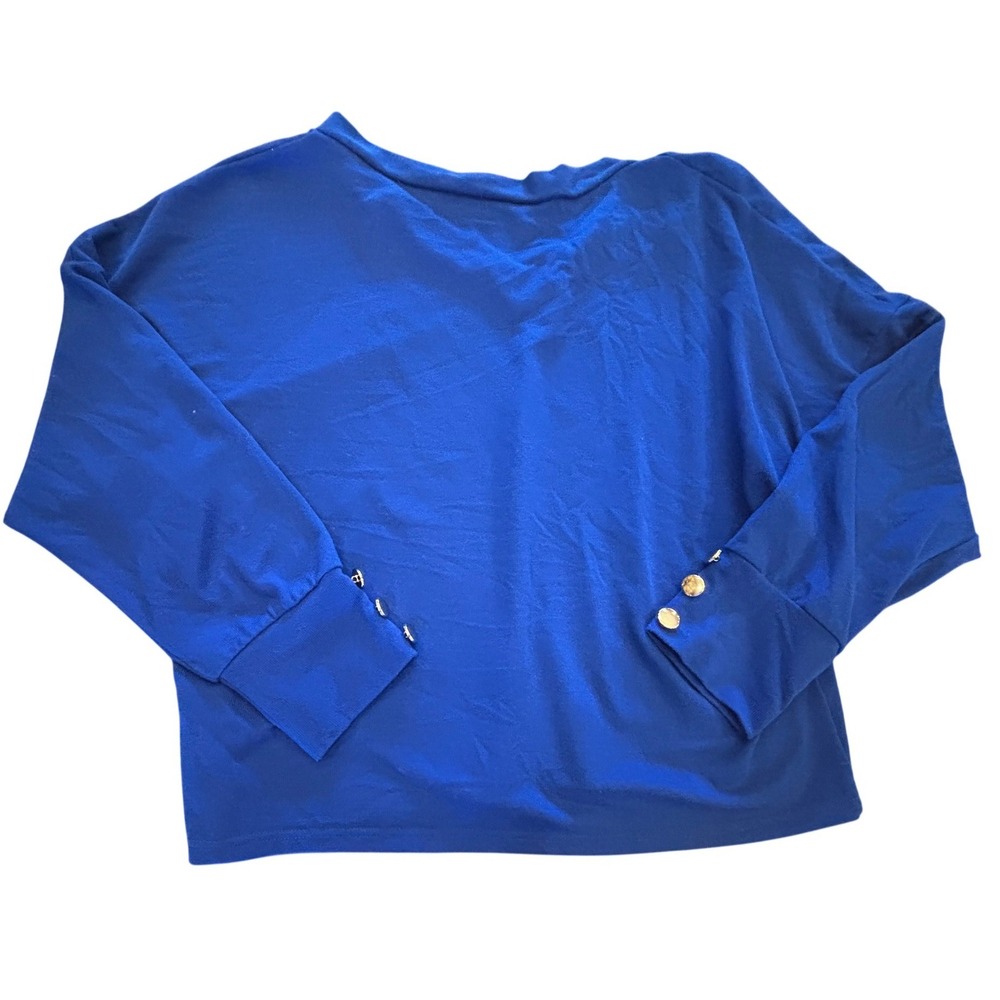 Royal Blue V-Neck Long Sleeve Top with Silver Button Cuffs Slouchy Knit